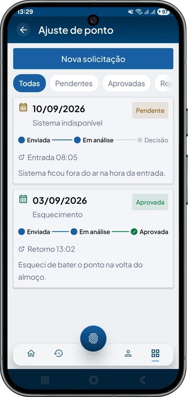 Lista de solicitações de ajuste de ponto no TimeClock, cada uma com a justificativa e a trilha de andamento: enviada, em análise e decisão
