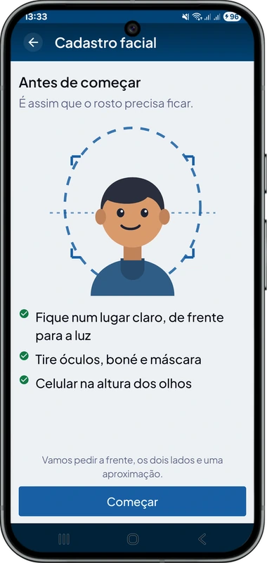 Tela de preparo do cadastro facial no TimeClock, com a ilustração do enquadramento do rosto e as três recomendações antes de começar