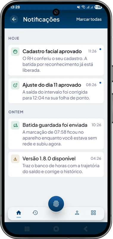 Central de notificações do TimeClock, com os avisos do RH agrupados por hoje e ontem